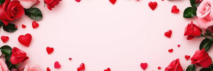 A beautiful arrangement of roses and hearts forms a heart shape against a soft pink background, perfect for celebrating love on Valentine's Day.