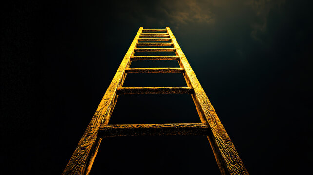A stunning golden ladder ascends into an infinite black sky, illuminated by soft, glowing highlights, creating a sense of wonder and endless possibilities.