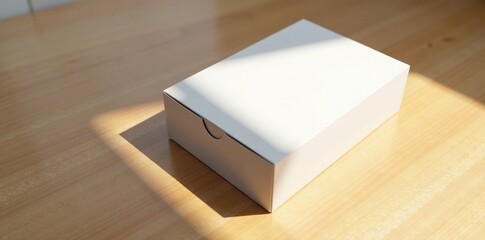 White paper box placed under a wooden table with a long shadow extending across the white surface below, surface, wood, light