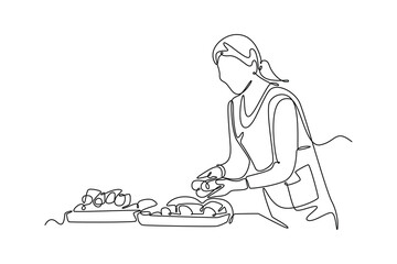 Street food festival. Market concept. Single line draw design vector graphic illustration.