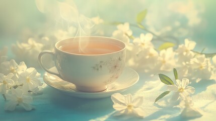 Fototapeta premium A serene floral tea scene with a porcelain cup of steaming jasmine tea, paired with fresh white blossoms and a pastel backdrop for a calming effect