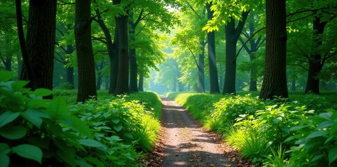 Fototapeta premium winding path through a lush green forest glade, forest, glade