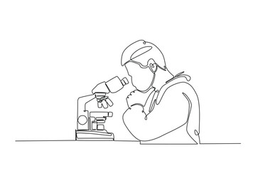 Scientist working using microscope in continuous one line drawing. Single line art illustration of scientist. Editable vector.