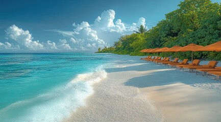 Obraz premium A beach with a row of umbrellas and lounge chairs