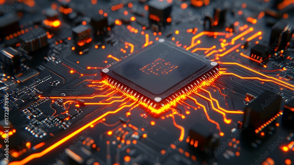 Poster close-up view of a circuit board with glowing components and intricate pathways depicting modern tec