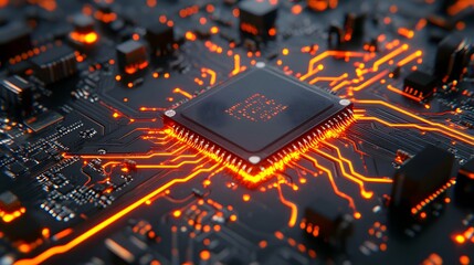 Close-up View of a Circuit Board with Glowing Components and Intricate Pathways Depicting Modern Technology and Electronic Innovations