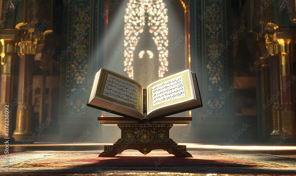 Poster an open book on a stand in a serene, illuminated space.