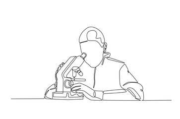 Scientist working using microscope in continuous one line drawing. Single line art illustration of scientist. Editable vector.