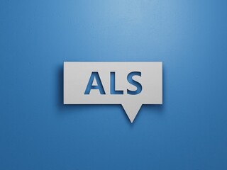 the acronym als for Amyotrophic Lateral Sclerosis concept represented.Minimalist Abstract Design With White Cut Out Paper.3D rendering on blue background. 