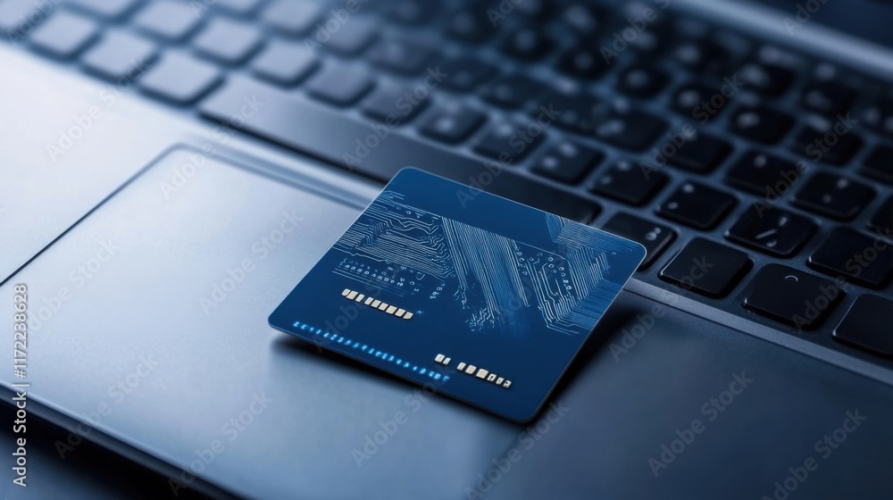 Aufkleber blue digital credit card on laptop keyboard with circuit patterns and technology background