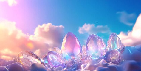 Fototapeta premium Holographic Easter Display Featuring Vibrant Crystals on a Cloud Background