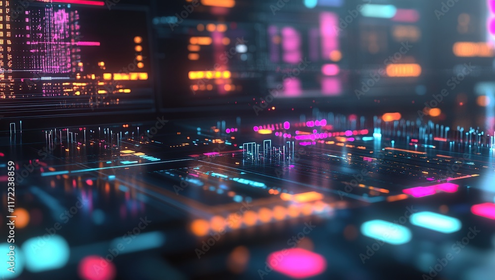 Poster a close-up of an ai mixing board with colorful lights and data visualizations