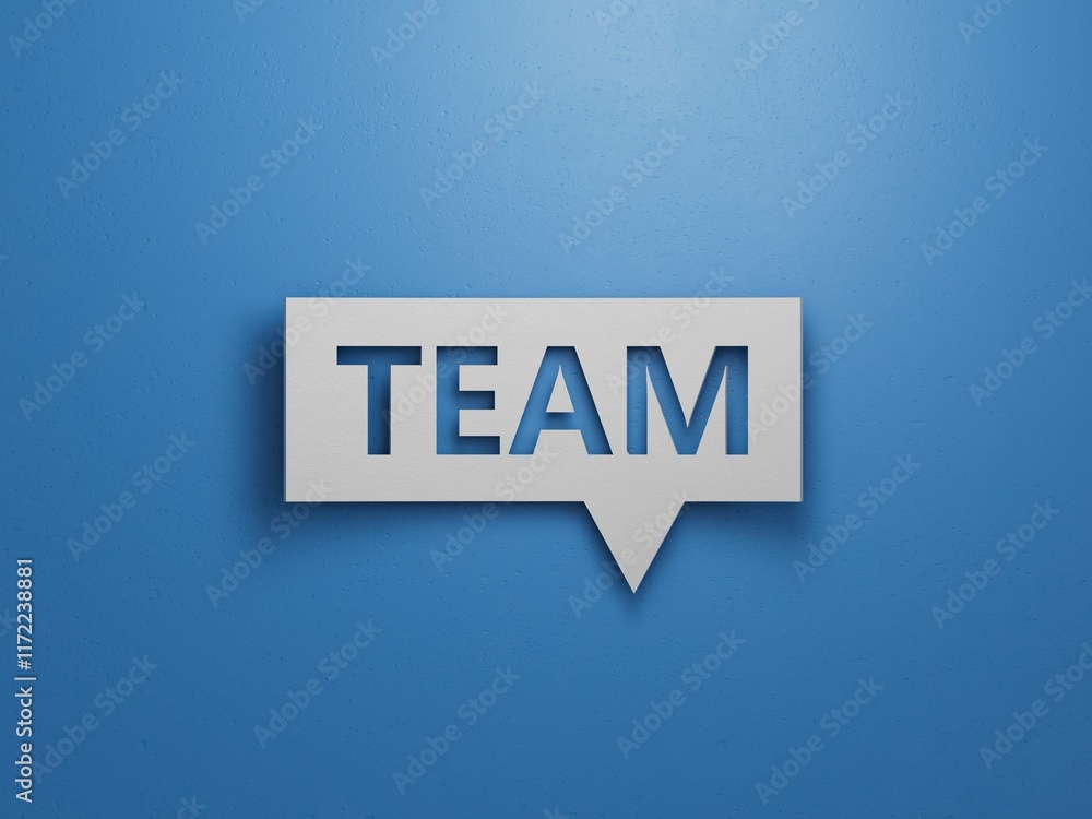 Poster the hand puts a speech bubble with the letter t from the word team.close up of wooden elements.3d re
