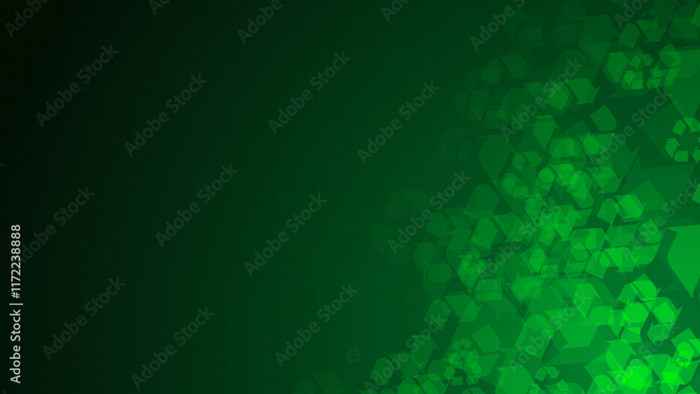 Poster green recycle symbol shapes are moving from the bottom right of a gradient grid abstract background,