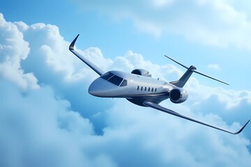 Obraz premium Luxury private jet at flying under blue sky with clouds. copy space for text