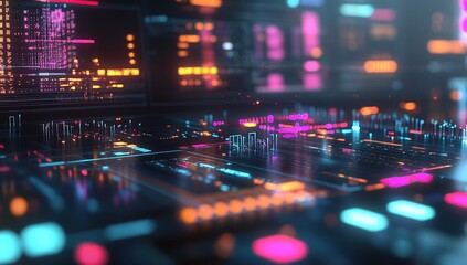 Obraz premium A close-up of an AI mixing board with colorful lights and data visualizations
