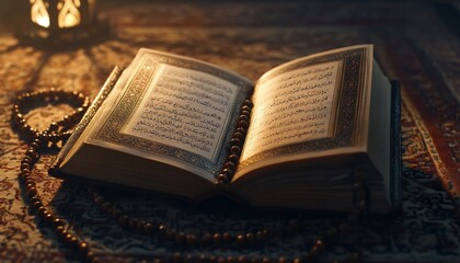 Obraz premium An open book with Arabic text, surrounded by prayer beads and a lantern.