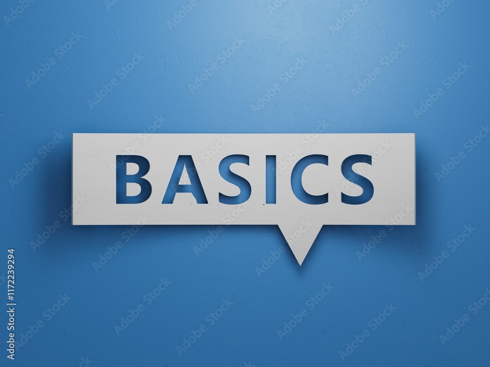 Poster sign with the text basics. the content of the lettering has implications for and marketing.business 