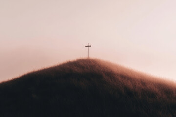 Cross Stands Alone on a Serene Hill at Dusk, Surrounded by Gentle Waves of Grass and Soft Evening Light