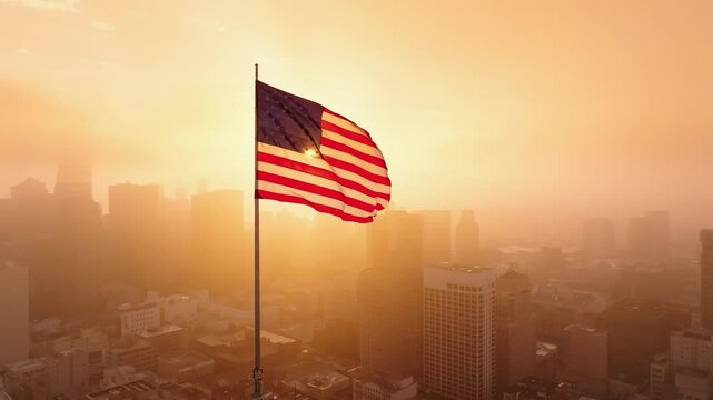 Aerial Drone Shot of American Flag Waving at Sunrise Over San Francisco Skyline and Nob Hill, California