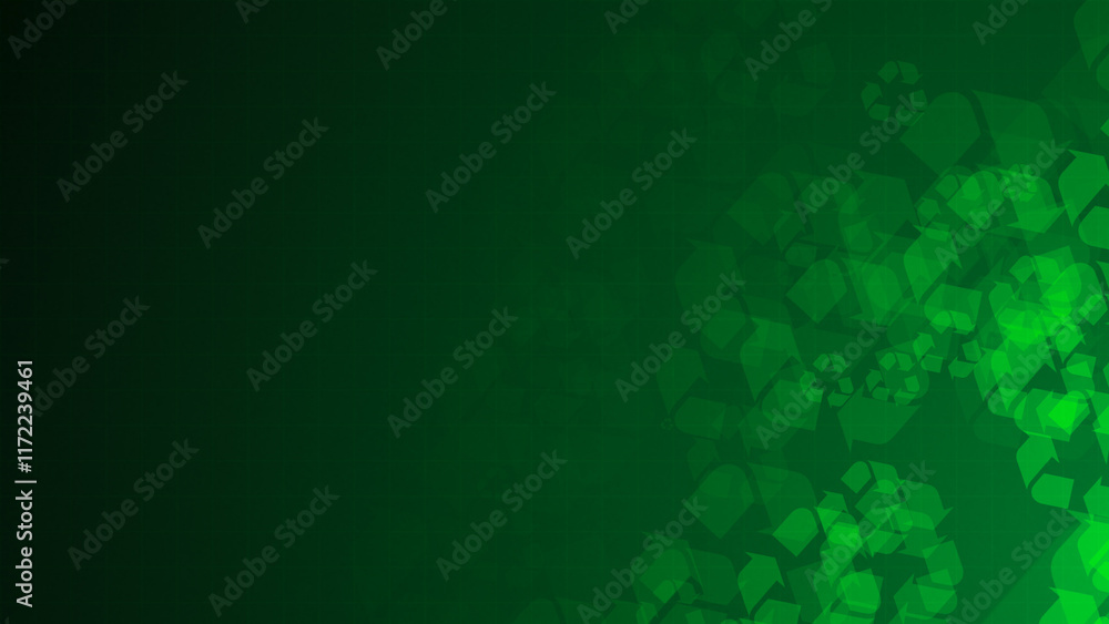 Poster green recycle symbol shapes are moving from the bottom right of a gradient grid abstract background,