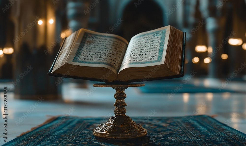 Poster an open quran displayed on a stand in a serene mosque setting.