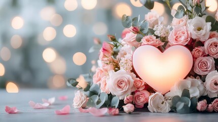 Glowing Heart nestled in a bouquet of blush roses, illuminated by soft light.