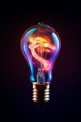 A glowing light bulb with colorful, swirling energy inside.