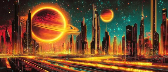 Obraz premium Futuristic cityscape with a glowing ringed planet