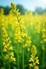 Obraz premium Yellow flowers blooming on tall plant stems in summer field, stems, plant, flowers