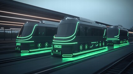 Futuristic Trains with Neon Lights in an Urban Transportation Scene