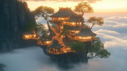 Ethereal treehouse village floating above the clouds