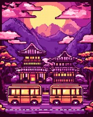 Fototapeta premium Vibrant Sunset Over Mountainous Landscape with Pixel Art Buses