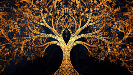 A stunning golden tree of life with intricate patterns extending outward, its branches and roots intertwining elegantly against a dark backdrop, symbolizing growth and interconnectedness.