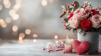 Romantic roses bouquet, red heart, candlelight. Perfect Valentine's Day!