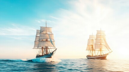 Fototapeta premium Two Sailing Ships at Sunset