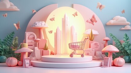 Obraz premium Golden Glow Shopping Cart Display business podium cartoon × ×