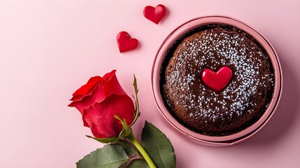 Chocolate Lava Cake with Valentine's Day, in a pink box, A red rose is placed next to the box with space above for text