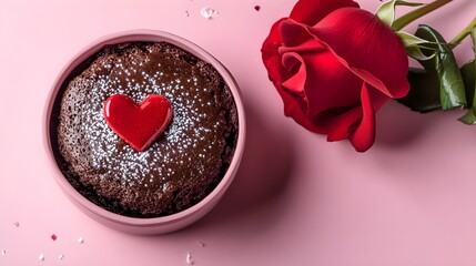Chocolate Lava Cake with Valentine's Day, in a pink box, A red rose is placed next to the box with space above for text