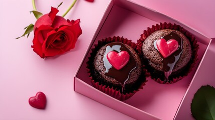 Chocolate Lava Cake with Valentine's Day, in a pink box, A red rose is placed next to the box with space above for text