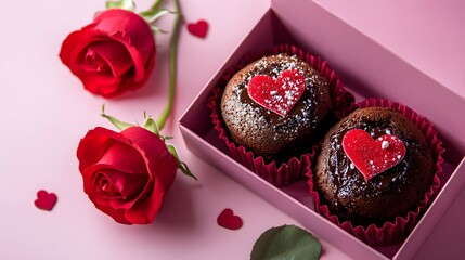 Chocolate Lava Cake with Valentine's Day, in a pink box, A red rose is placed next to the box with space above for text