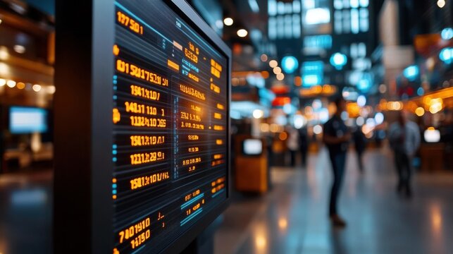 Digital Stock Market Display in a Busy Financial Center with Blurred Background of Traders and Activity