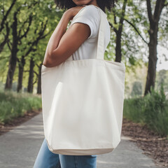 Street tote bag mockup. Young African American woman carrying reusable white cotton linen eco organic fabric canvas blank totebag along trees background
