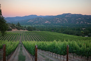 Fototapeta premium Sunset over lush vineyard with neat rows of grapevines beneath a colorful sky, casting long shadows.