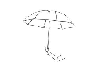 Hand holding umbrella in continuous one line drawing. Single line art illustration of umbrella. Editable vector. © tri