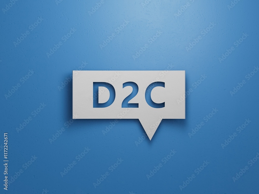Poster three stone cubes, tables with the word d2c - acronim direct to consumer.minimalist abstract design 