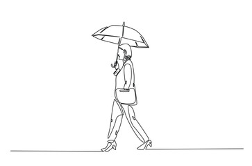 Woman holding umbrella in continuous one line drawing. Single line art illustration of lyoung lady holds umbrella. Editable vector.