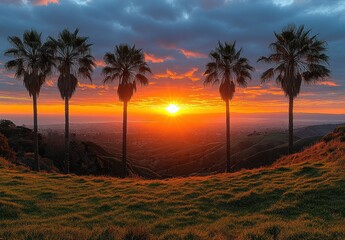 A beautiful sunset over a field with palm trees in the background