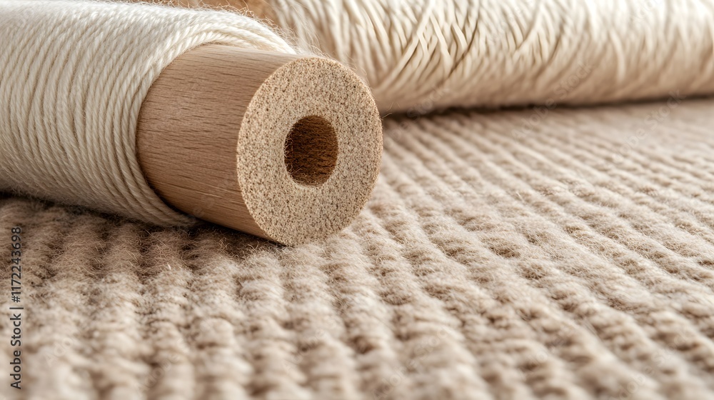 Poster close-up view of natural textile materials on a soft surface showcasing cotton yarn spools and textu