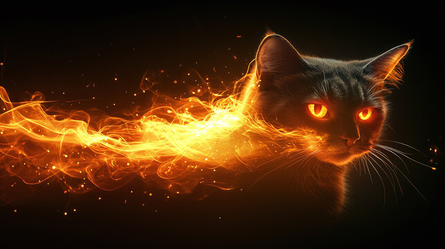 Orange cat fire flame on a black background. light glow in dark, hot bright energy, ignite, wallpaper, effect.